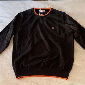 Hermes Black Crewneck Sweater with Orange Trim and Embroidered H